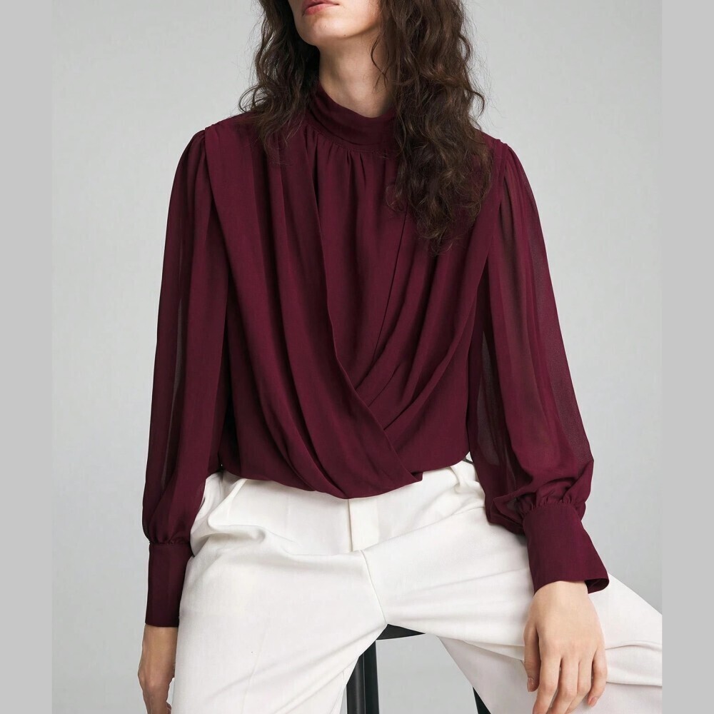 Burgundy Draped Wrap Front Sheer Long Sleeve Stand Collar Blouse